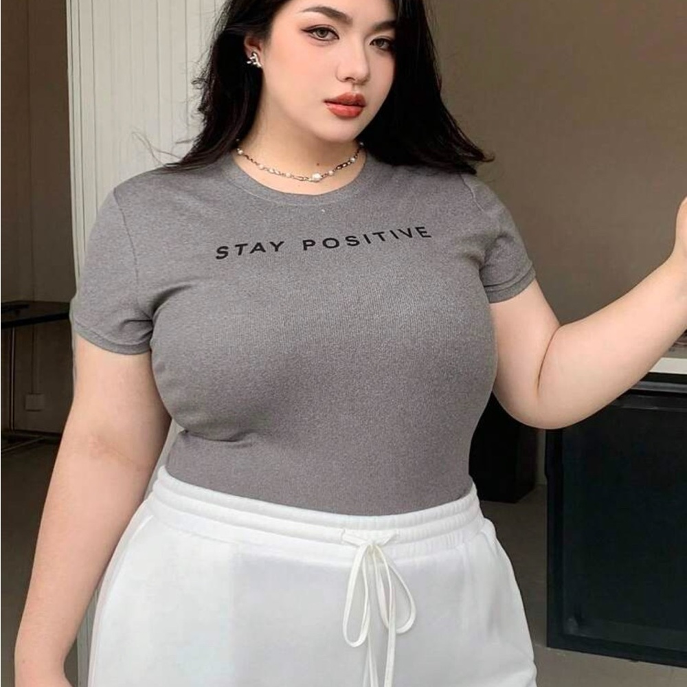 Stay Positive Gray Ribbed Women's Top - Picture 3 of 15